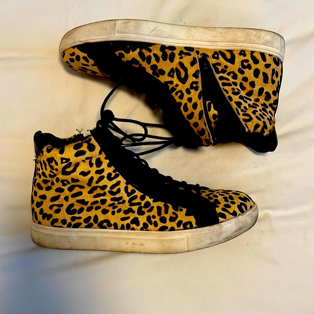Cheetah print and leather high top sneakers